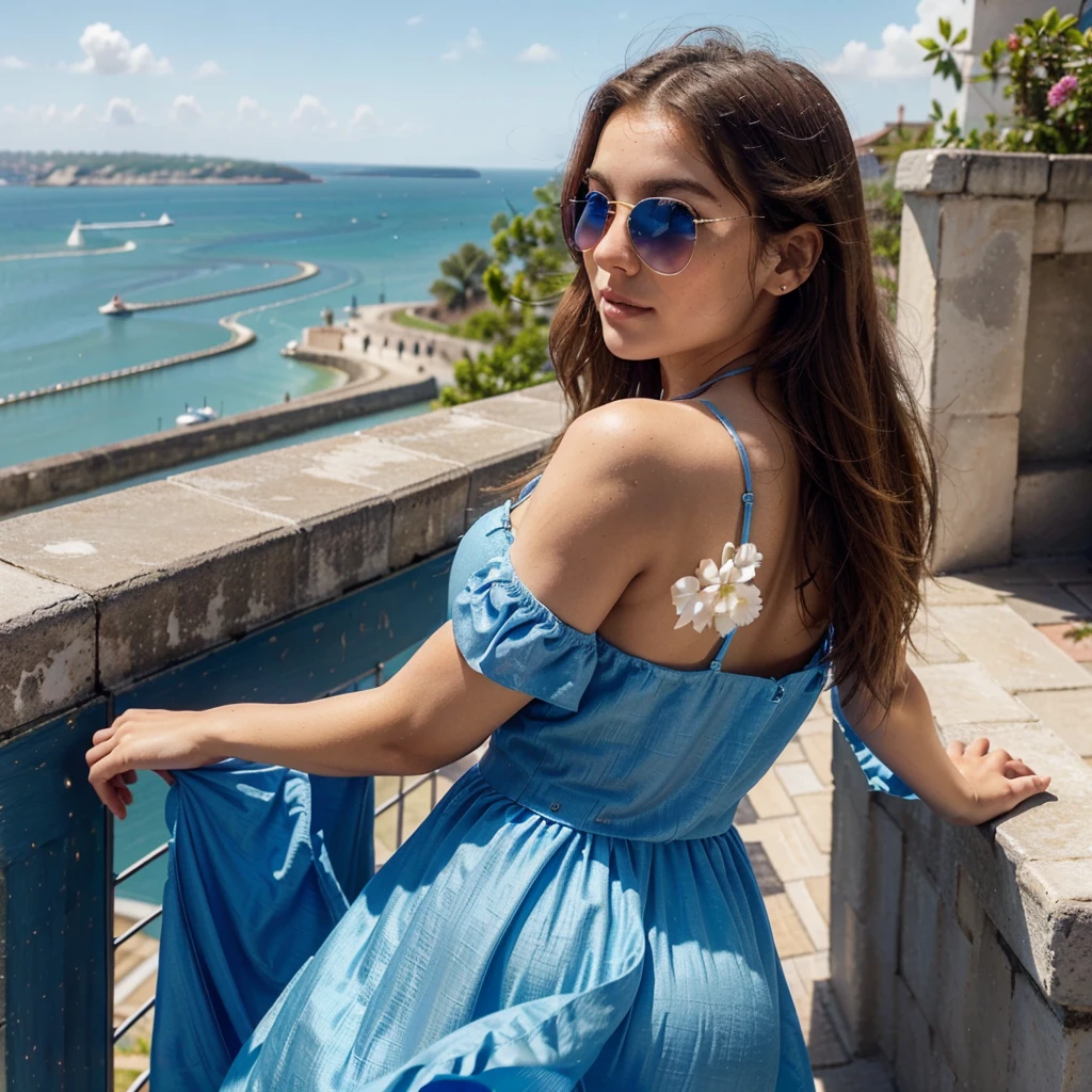 Create a very realistic and beautiful model with the following detailed features: Gender: Female, Age: Young adult (approximately 20-25 years old), Hair: Long, wavy and reddish with a natural shine, gently cascading around the shoulders and back back. . . . . . . . . . . . , Eyes: Bright green with a captivating, slightly almond-shaped look, detailed with natural highlights, Skin: Fair complexion with a light texture, including natural freckles on the nose and cheeks, giving a youthful and vibrant appearance: Fair complexion with a light texture, including natural freckles on the nose and cheeks, giving a youthful and lively appearance, Face: with a smooth and natural contour, soft and full lips with a slight pinkish tint and a slightly delicate upturned nose, Expression : a sweet face, with a touch of mischief, which transmits warmth and accessibility,
Clothing: a blue dress and sunglasses standing on a bridge, wearing a blue dress, a blue dress, a blue dress, a blue dress and glasses, a blue futuristic dress, a blue silky dress, a fashionable blue dress , a Girl in a dress, wearing blue clothes, Girl in a dress, a smooth blue dress, wearing an elegant dress, haute couture chic, All blue, Context: the model is on an elegant flowered terrace, beginning on a roof at open sky, sunny end of day, sea view in the background.
Pose: relaxed and confident posture, beginning on an open-air rooftop, end of sunny day, sea view in the background. aesthetic, Unsplash, Neoclassicism, Complex background, Best quality, hyper detailed, Gratty Sita, 64K, Light design