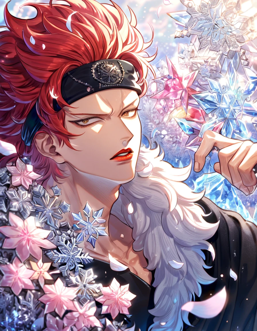 Ultra detailed, HDR, Highres, absurdres, master piece, Eustass Kid, red hair, expressive brown eyes, red lips, black cape with fur, black shirt, One Piece, handsome, ice glittering butterflies, ice, petals, ice pink glass flowers, glittering, fantasy, magical, snowflakes, cold, solo, sexy man, black headband