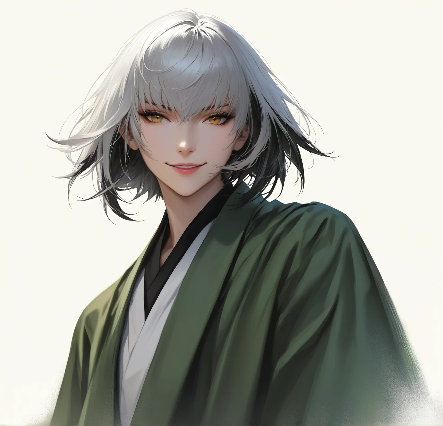 (woman), ((Douman from fate)), masterpiece, best quality, half black half white hair, ((short hair)), plain white shirt, green monk attire, dark yellow eyes, realistic anime style, devious smile, ((portrait)).