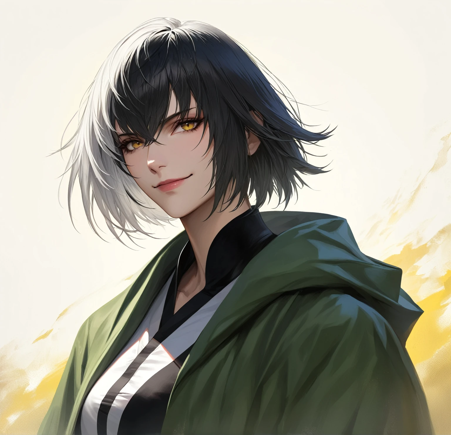 (woman), ((Douman from fate)), masterpiece, best quality, half black half white hair, ((short hair)), plain white shirt, green monk attire, dark yellow eyes, realistic anime style, devious smile, ((portrait)).