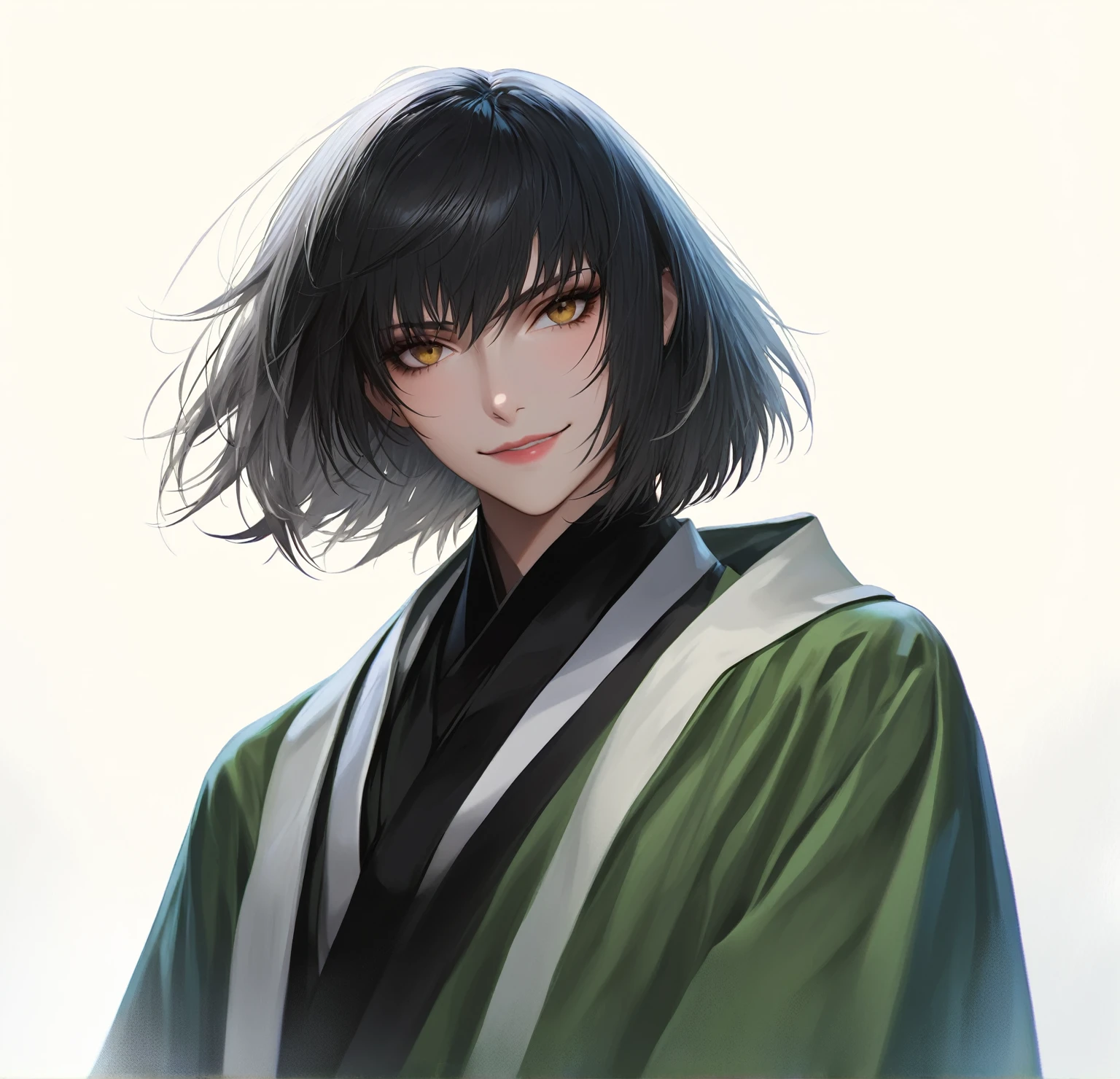 (woman), ((Douman from fate)), masterpiece, best quality, half black half white hair, ((short hair)), plain white shirt, green monk attire, dark yellow eyes, realistic anime style, devious smile, ((portrait)).