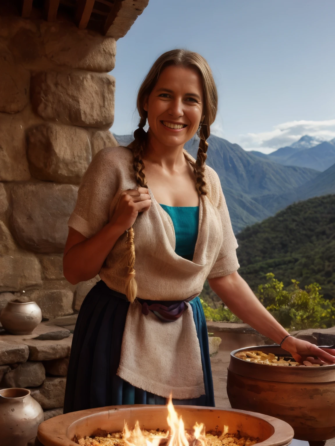 A high-altitude BBQ dinner with the Inca tribe on a terraced mountainside near Machu Picchu in Peru, set in the 1500s. The Inca woman, slightly smiling and looking at the camera, wears a traditional lliclla (shawl) and a woven skirt made from alpaca wool. Her hair is styled in braids adorned with colorful beads, and she is surrounded by family members in similar traditional attire, featuring intricate geometric patterns and bright colors.

The BBQ setup includes a stone fire pit surrounded by woven mats and wooden stools. The menu features traditional Inca dishes such as cuy (guinea pig), quinoa, and roasted potatoes. Large clay pots filled with chicha (corn beer) and tamales are placed on a wooden table, along with bowls of local fruits like lucuma and chirimoya.

The backdrop features the majestic Andes mountains with the iconic ruins of Machu Picchu in the distance, under a sky filled with twinkling stars. Traditional Inca pottery and woven textiles decorate the area, adding to the cultural ambiance. Guests engage in animated conversations, sharing stories and laughter, while traditional Inca music with pan flutes and drums fills the air, creating a festive and welcoming atmosphere.

Items/objects/tools: fire pit, woven mats, wooden stools, cuy, quinoa, roasted potatoes, clay pots, chicha, tamales, wooden table, lucuma, chirimoya, Andes mountains, Machu Picchu, lliclla, woven skirt, alpaca wool, braids, beads, geometric patterns, pottery, woven textiles, pan flutes, drums, storytelling, evening sky.