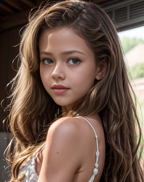 a close up of a young Russian girl with long hair and a black top, (Kristina Pimenova:1.5), thin face, gorgeous young model, beautiful young 11 years old girl, long wavy dark blonde hair, beautiful girl model, beautiful model girl, beautiful model, cute young girl, very pretty model, pretty face, thin face, very beautiful girl, beautiful , young girl, perfect face, young and cute girl, gorgeous portrait, by irakli nadar, mackenzie foy, 8K, ultra high res.photorealistic, UHD, Masterpiece, RAW