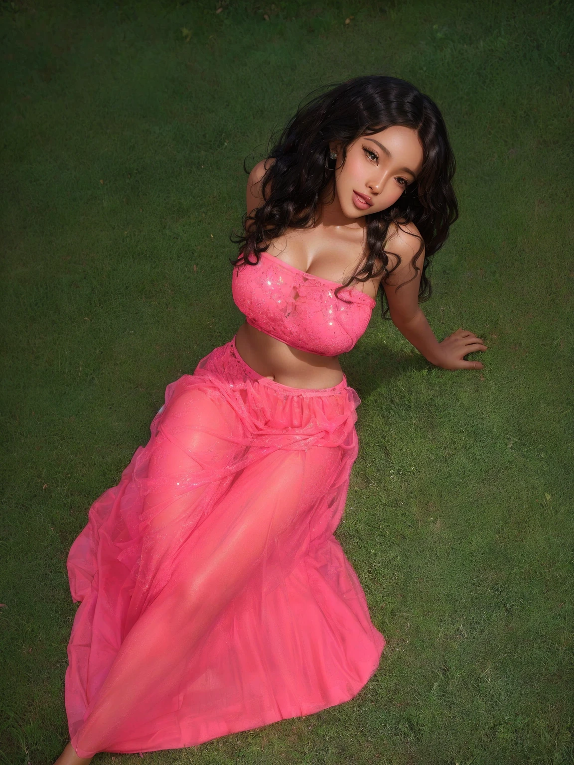 there is a hyper realistic brown skin woman in a pink dress laying on the grass, brown skin, melanin skin, laying down, thick curly anime hair, curly hyper realistic hair, photo from a promo shoot, promo shoot, promo still, gorgeous lady, photoshoot, seductive lady, sza, promo shot, photo shoot, taken in the early 2020s, playful pose, her belly button is exposed, vanessa morgan, dressed in a pink dress, solo photoshoot