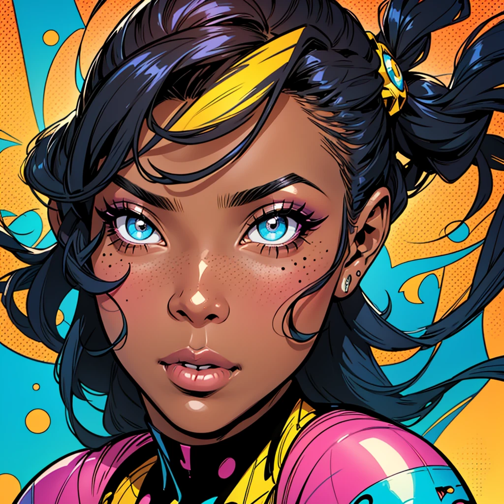 a black girl in 1970s comic book style, beautiful detailed eyes, beautiful detailed lips, extremely detailed eyes and face, long eyelashes, detailed hair, afro hairstyle, colorful comic book style background, vibrant colors, dynamic poses, action comic book style, pop art, bold linework, halftone dots, bright lighting, dramatic shadows