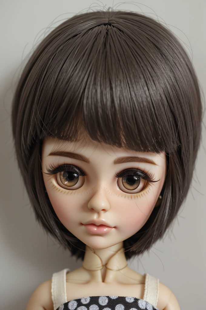 blythe doll with black hair below the shoulders, black eyes, noticeable eyelashes and thin lips
