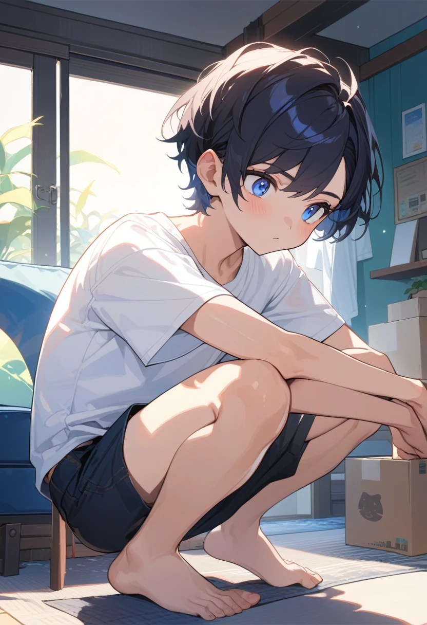masterpiece, best quality, extremely detailed, ultra detailed, flat anime, 2D, ((1boy)),black hair, (short hair:1.5),blue eyes, height 1.7meters, (circle eyes:1.2), (young adult:1.2), Ear-length sideburns, long Sleeves, White T-shirt, barefoot, ((short sleeves)), ((long pants)), squatting, open mouth, summer, 12AM, livingroom,organizing the boxes., ((portrait)),full body,expressionless