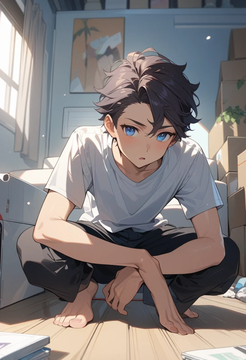 masterpiece, best quality, extremely detailed, ultra detailed, flat anime, 2D, ((1boy)),black hair, (short hair:1.5),blue eyes, height 1.7meters, (circle eyes:1.2), (young adult:1.2), Ear-length sideburns, long Sleeves, White T-shirt, barefoot, ((short sleeves)), ((long pants)), squatting, open mouth, summer, 12AM, livingroom,organizing the boxes., ((portrait)),full body,expressionless
