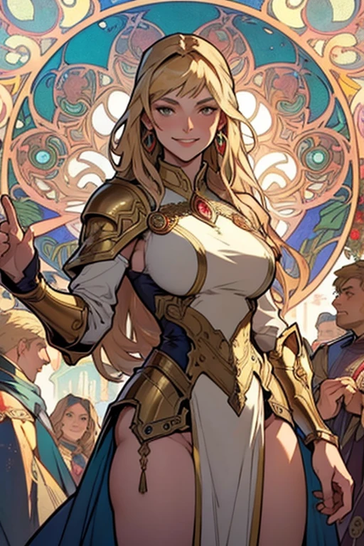 Or Mucha style,Big breasted girl with full pussy view,sensual poses,Arcane smile,golden hair,(Medieval female gold armor)),(Mucha in the background)
