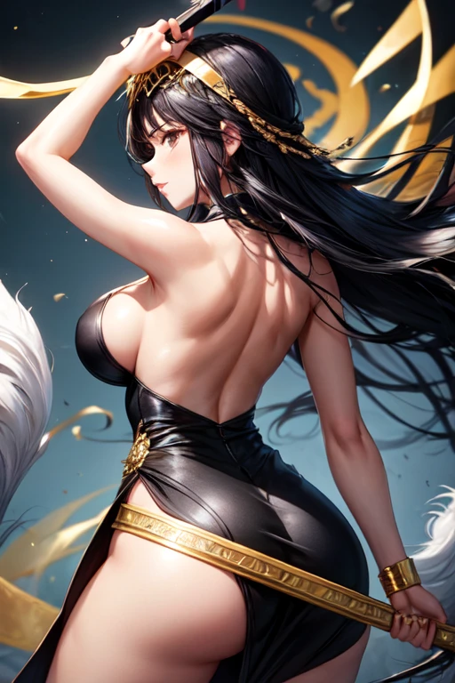 Fighting Women serious Black Hair Long Hair Tie your hair back Gold headband on the head Black Dress Slit in skirt sexy Holding a metal weapon in one's hand Big Breasts