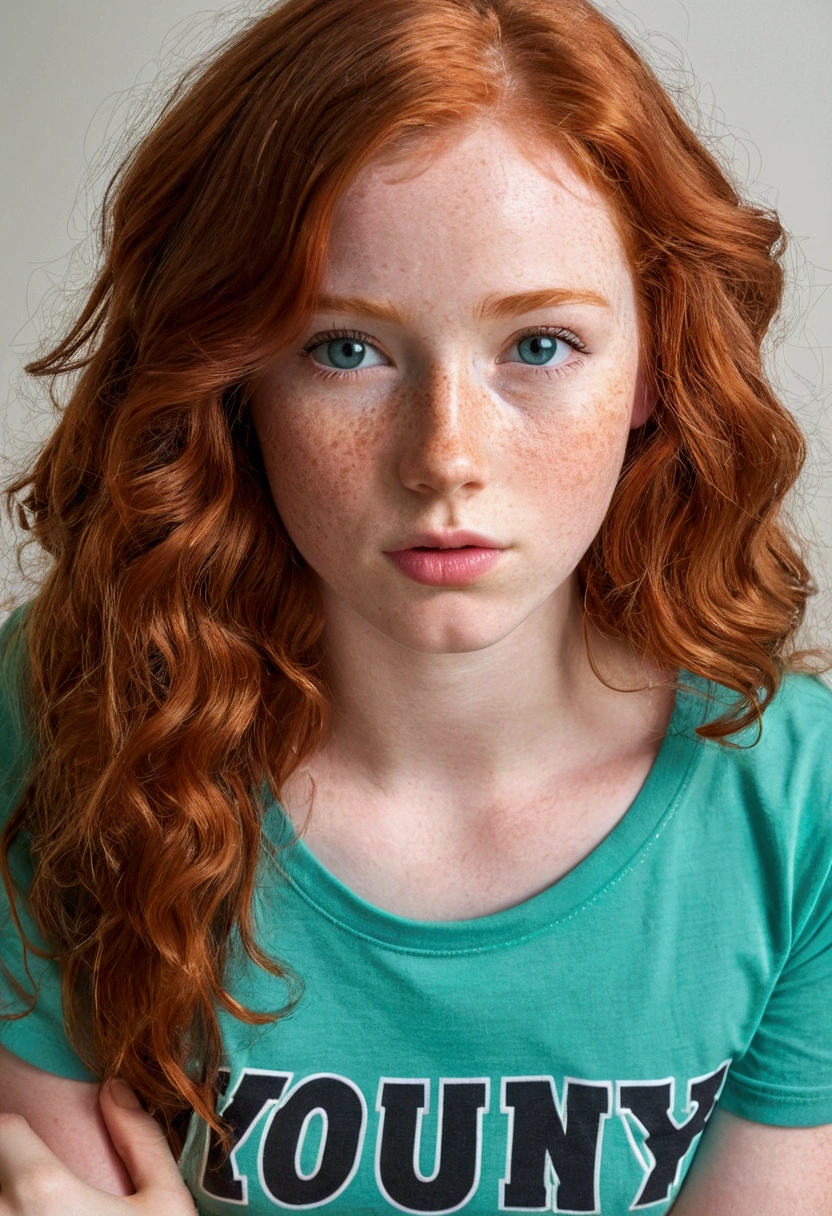 Half body photo of a cute 20 year old pretty redhead girl, redhead, long wavy hair, or looks at the camera , full face (you look shy:1.3), freckles, detailed face, detailed skin, (tshirt without panties), beautiful body, Big teal eyes, sensual lips, Suggestive pose, looking down, covering her crouch with hands naked open lags