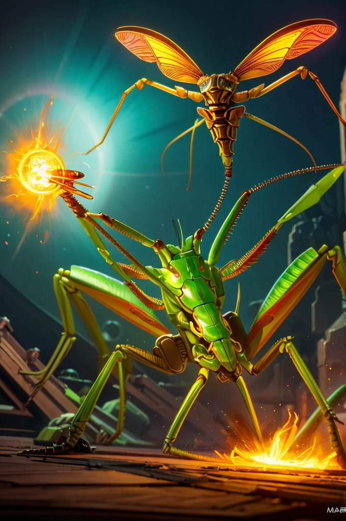 ((best quality)), ((masterpiece)), (detailed), A mechanical praying mantis with a glowing power supply on its back in the art style of magic The gathering plane of kaladesh