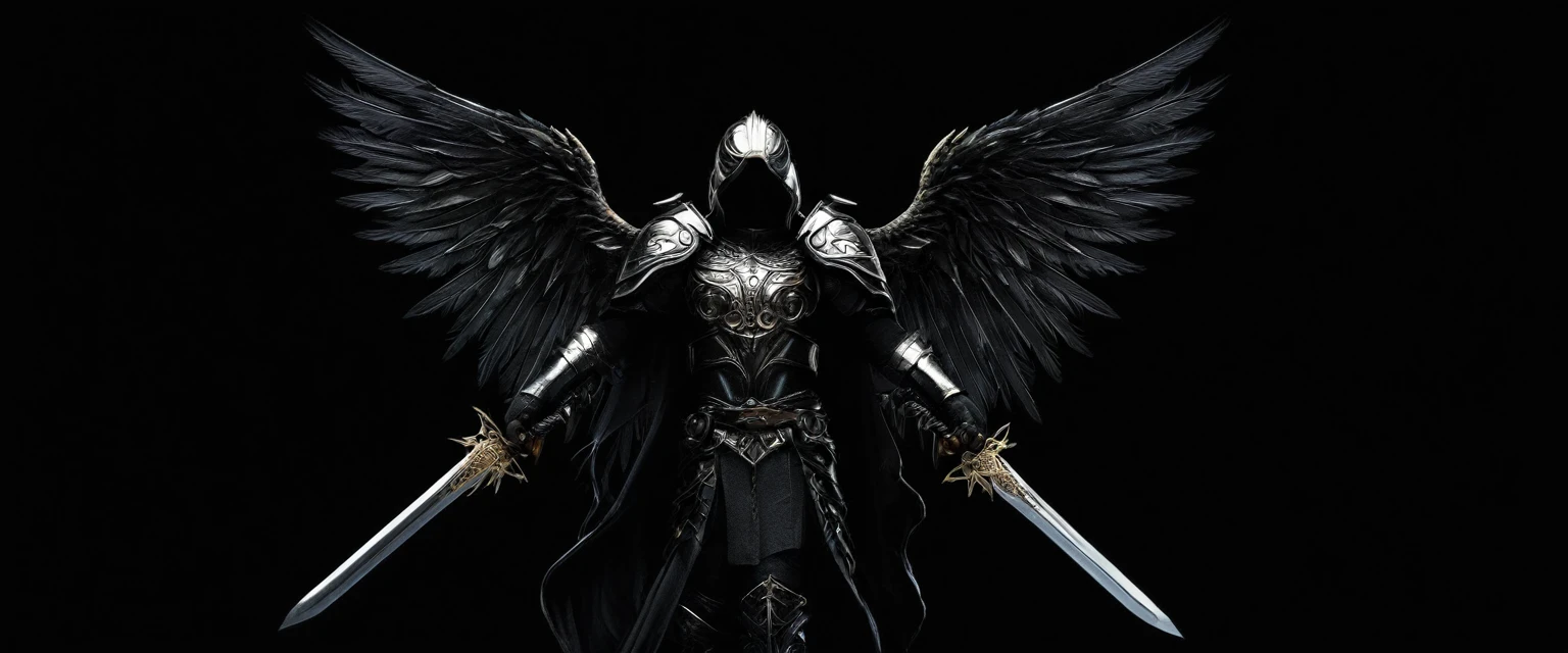 black background, angel knight in the middle with black wings, holding two swords down