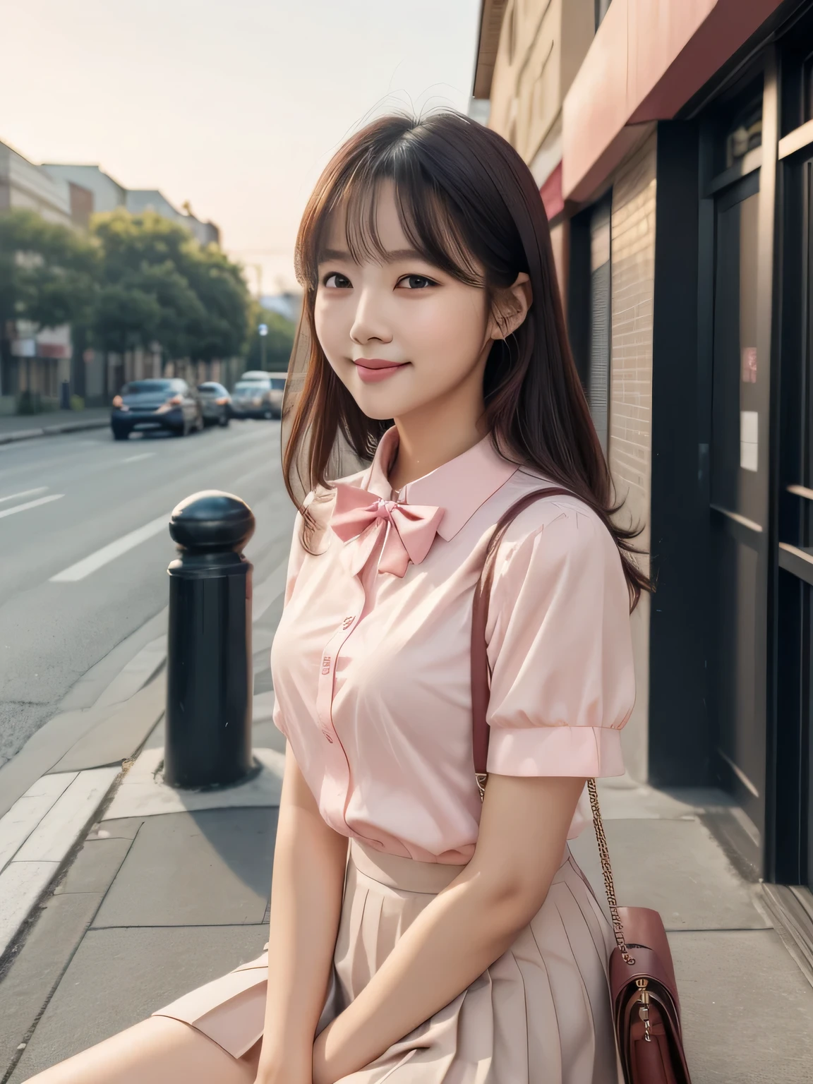 A woman with a purse is on the street, Ulzzang, (8k, RAW Photos, Highest quality, masterpiece: 1.2), (Realistic, photo-Realistic: 1.37), Very detailed, 1 girl, cute, alone, Beautifully detailed skies, Detailed Coffee, Pink wall、Sitting, Date, (My nose turned red), (smile: 1.1), (Mouth closed), Medium chest, Beautiful attention to detail, (Collared short-sleeved shirt: 1.1), sexy、bow tie, Pleated skirt,((Symmetrical eyes))、sexy、