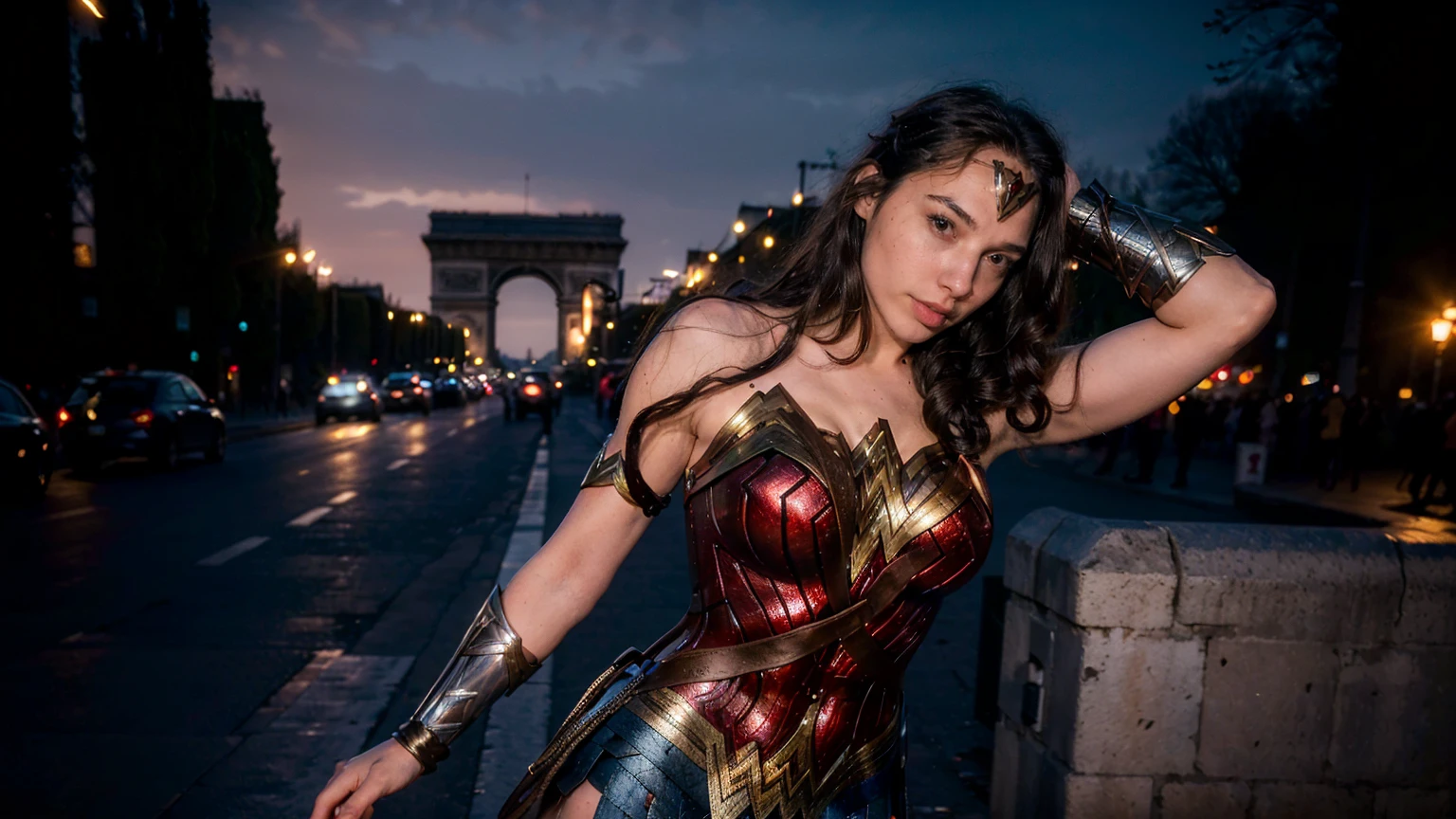 ((masterpiece), (solo character), (photorealistic:1.4), ),(best quality), (epiCRealLife), (g4lg), (g4lg large breasts, wonder woman top), (g4lg show cleavages), (Gal Godot in wonder woman costume),,(flashphoto), (flash photography) (look at viewers), (in Paris), (Arc de Triomphe), (landscape photoshoot), (night time),
