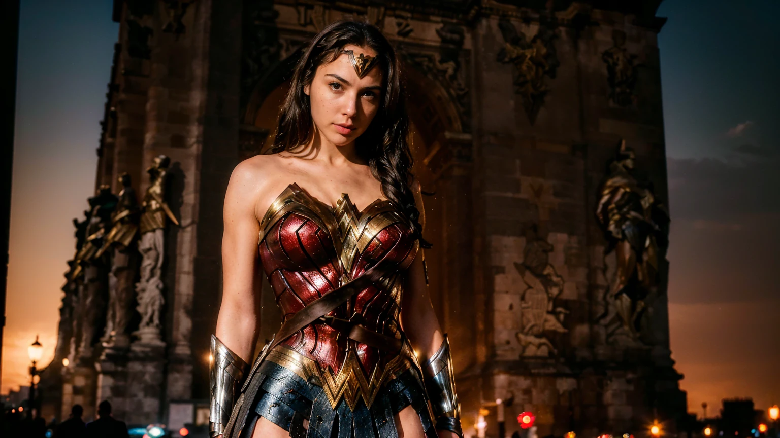 ((masterpiece), (solo character), (photorealistic:1.4), ),(best quality), (epiCRealLife), (g4lg), (g4lg large breasts, wonder woman top), (g4lg show cleavages), (Gal Godot in wonder woman costume),,(flashphoto), (flash photography) (look at viewers), (in Paris), (Arc de Triomphe), (landscape photoshoot), (night time),