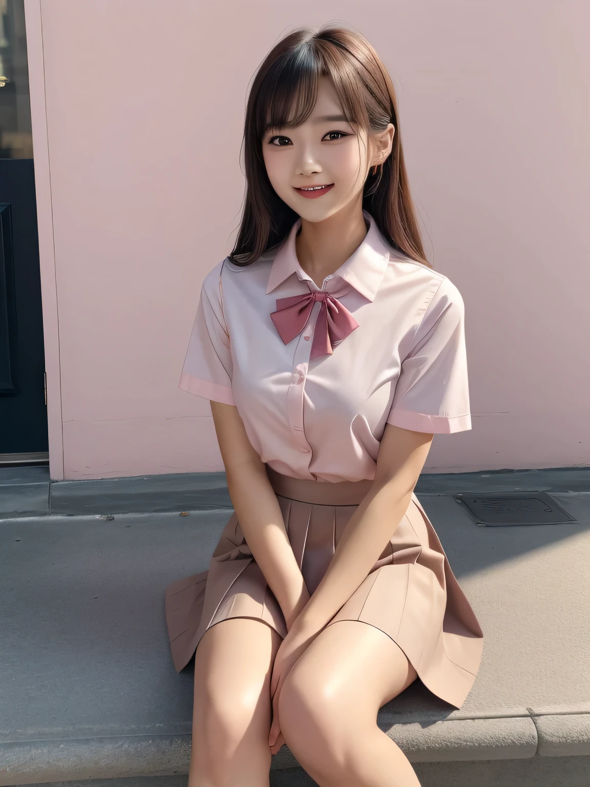 A woman with a purse is on the street, Ulzzang, (8k, RAW Photos, Highest quality, masterpiece: 1.2), (Realistic, photo-Realistic: 1.37), Very detailed, 1 girl, cute, alone, Beautifully detailed skies, Detailed Coffee, Pink wall、Sitting, Date, (My nose turned red), (smile: 1.1), (Mouth closed), Medium chest, Beautiful attention to detail, (Collared short-sleeved shirt: 1.1), sexy、bow tie, Pleated skirt,((Symmetrical eyes))、sexy、