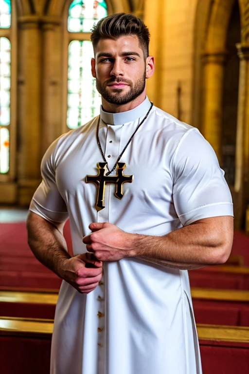 Best quality,Masterpiece,1 boy,Men,A handsome and muscular man wearing a priest's collar. The man is short,Styled hair and chiseled jawline. He stands with his arms at his sides and a serious, focused expression on his face. The priest's collar fits him snugly,Highlighting his muscular structure and emphasizing his masculinity. The man exudes strength and confidence,He is clearly relaxed and at ease in his surroundings. The combination of a priest collar and a muscular physique gives the man a unique and attractive look.,Neoclassical,Religious building,glass,