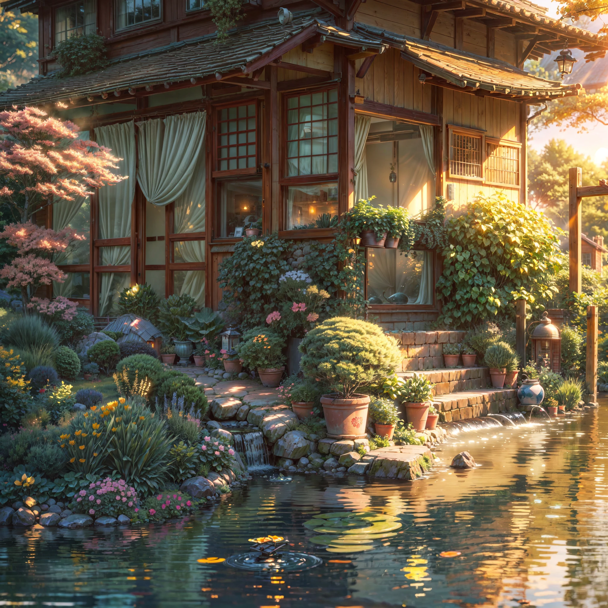 ((best quality)), ((masterpiece)), (detailed), (((small house with a pond and a garden))), ((compact)), ((house above water)), (water flowing underneath house), (((sunset))), (((golden lighting))), golden mist, plant pots, traditional Japanese lanterns, banners, rocks, detailed scenery, cinematic lighting ,god rays, glowing light, reflection light, masterpiece, close up, high details, anime, anime style, anime background, anime wallpaper, lofi, lofi vibe, no one, no people,