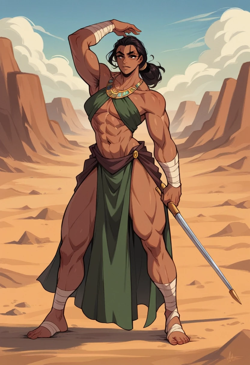 In the arid expanse of the desert, a strikingly beautiful woman stands tall, adorned in a primitive animal skin warrior outfit that accentuates her ample curves. With a commanding presence, she exudes an air of strength and sensuality, her long legs stretching gracefully beneath the radiant sun. This full-body shot captures her alluring form amidst the rugged beauty of the desert landscape, a vision of fierce allure and captivating elegance.