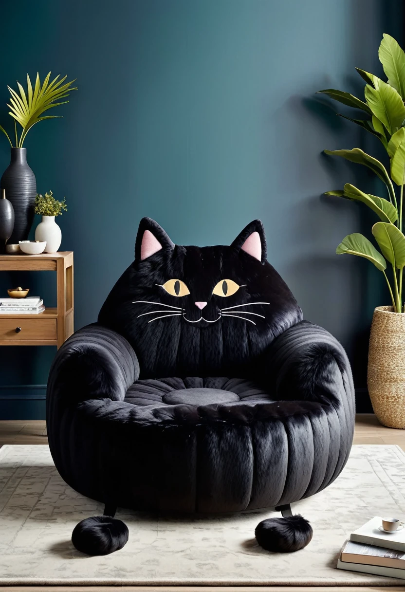 A sofa in the shape of a tabby cat. The sofa has a sleek and elegant design, with the backrest and armrests forming the contours of the cat's body. The cat's head is at one end, with detailed features like whiskers and pointed ears. The fabric is soft and plush, with a striped pattern in shades of brown, beige, and black, mimicking the fur of a tabby cat. The sofa legs are discreet and designed to look like cat paws. The overall aesthetic is both whimsical and stylish, perfect for a modern living room.