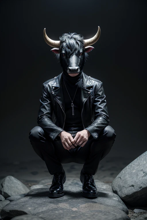 create a rock-singing bull-headed humanoid wearing a black outfit