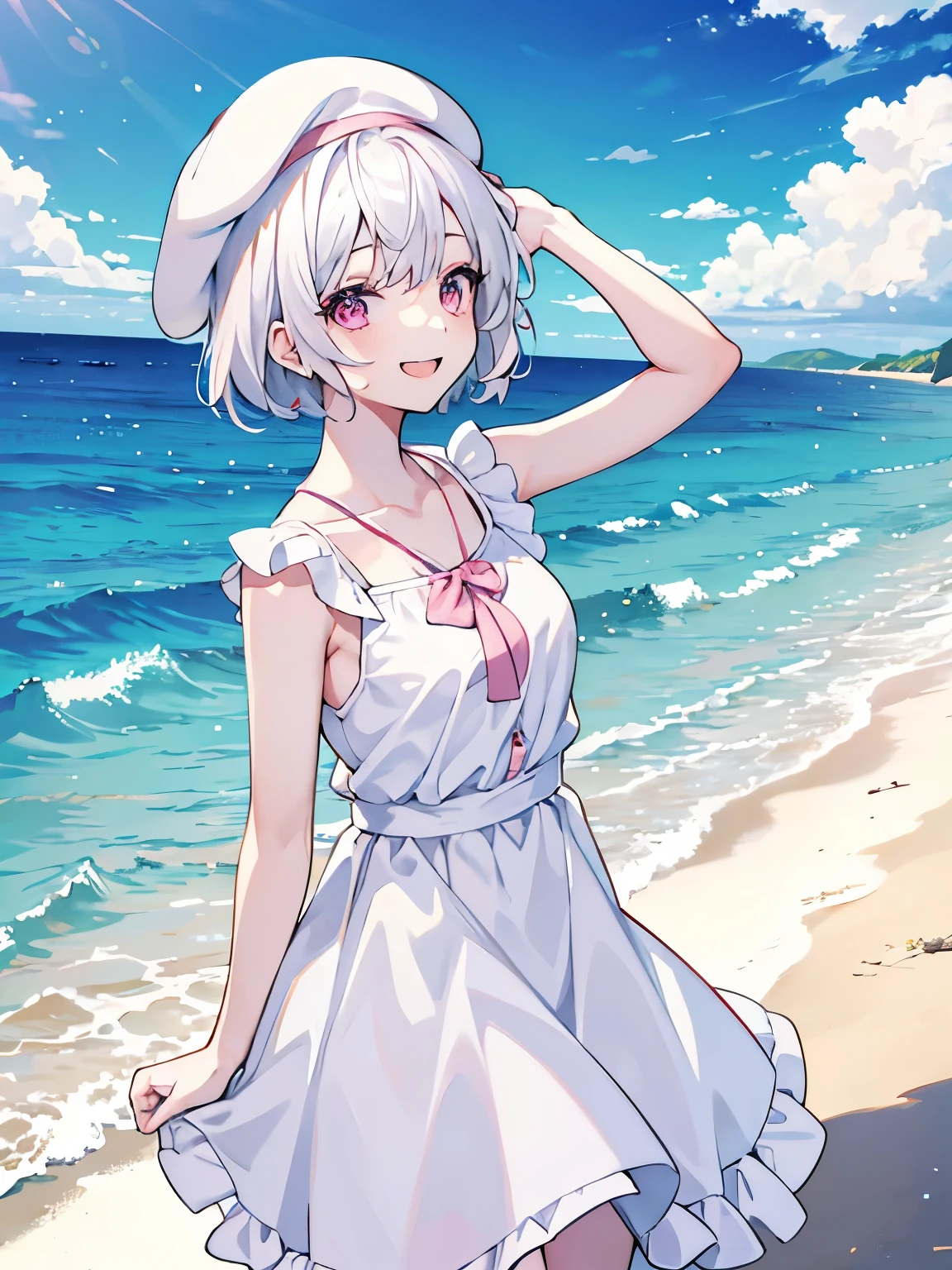 European Girls(,superior、Beautiful Face,,Pink Eyes、White beret、Short cut hair、Pure white hair,Looking into the camera、cute、、A big smile、Ocean、Camisole dress、Alone)