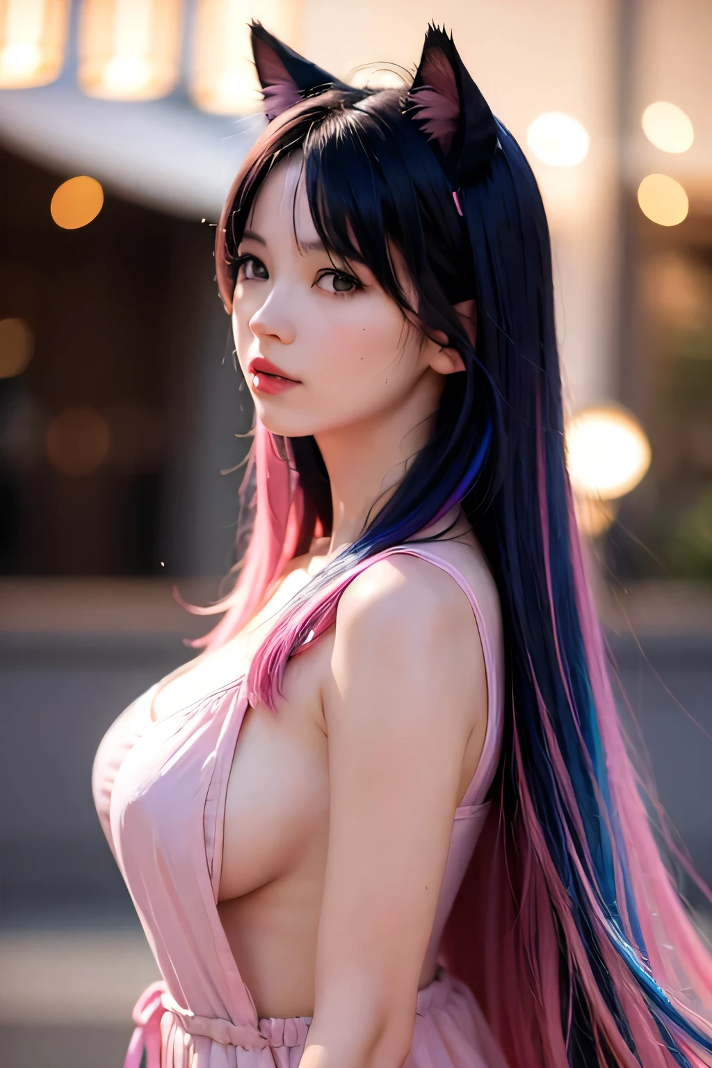 beautiful 1girl, black hair and blue and pink hair , cat ears, blurry, blurry background, bokeh, breasts, closed mouth, depth of field, from side, lantern, lips, long hair, looking at viewer, looking to the side, medium breasts, multicolored hair, paper lantern, red lips, solo, upper body
