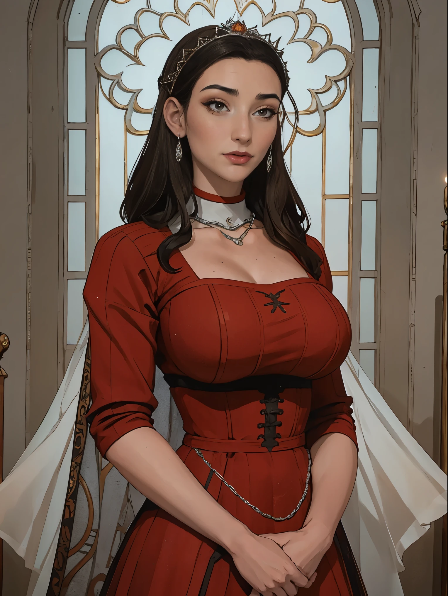 Beautiful and regal, imperious and aloof, busty athletic (thin) brunette queen with sharp facial features wearing a modest updo, dark red medieval dress, long sleeves, intricate patterns, scrollwork, wide neck, crown, veil, long dress, modest dress, tight bodice, (silver waist chain), medieval jewelry, Middle Ages, castle, rampart, wall, stained glass