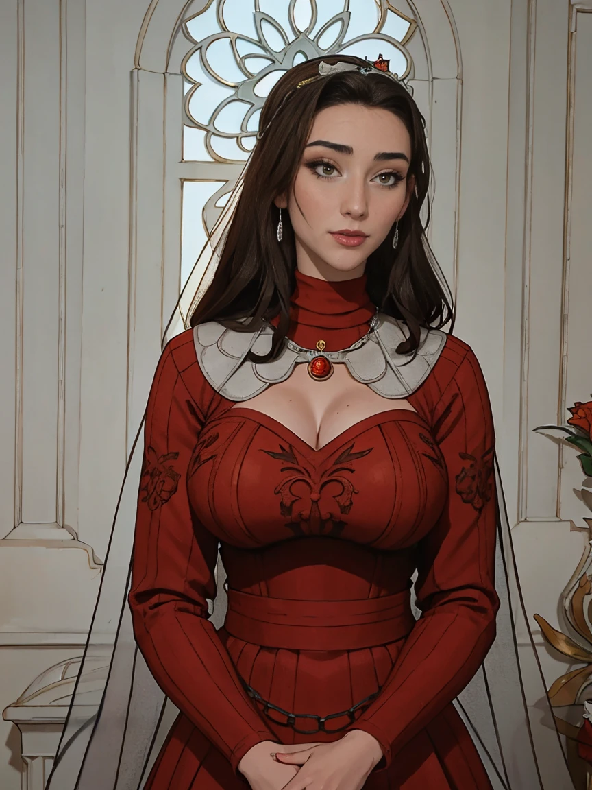 Beautiful and regal, imperious and aloof, busty athletic (thin) brunette queen with sharp facial features wearing a modest updo, dark red medieval dress, long sleeves, intricate patterns, scrollwork, wide neck, crown, veil, long dress, modest dress, tight bodice, (silver waist chain), medieval jewelry, Middle Ages, castle, rampart, wall, stained glass