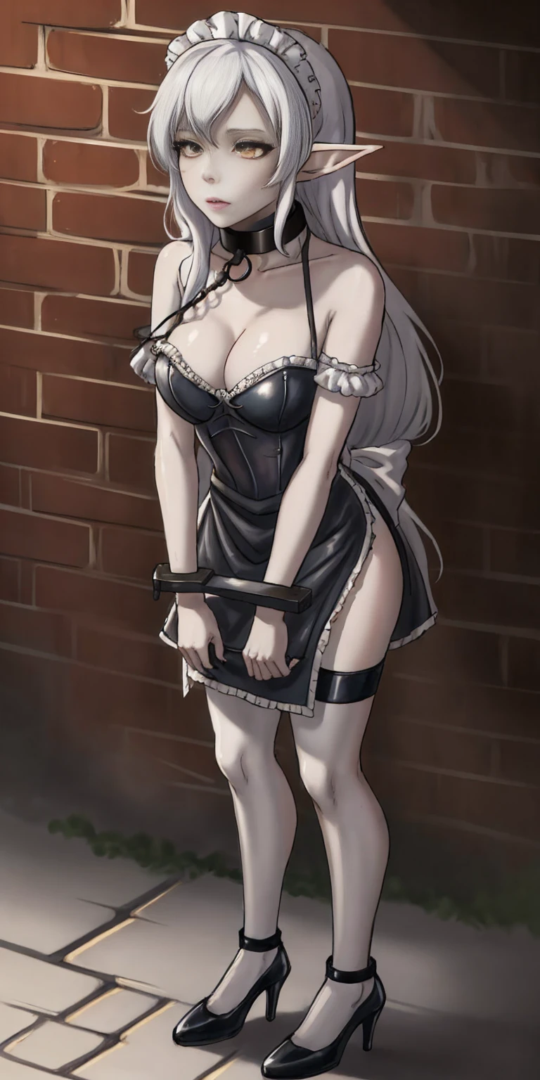 female, standing, right, long_hair, disordered_hair, white_hair, maid in armor, metallic high heels, drow elf, grey skin, sex slave, black leather choker collar, bracers