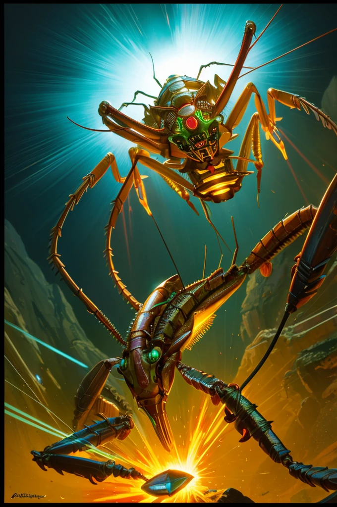 ((best quality)), ((masterpiece)), (detailed), A mechanical praying mantis with a glowing power supply on its back in the art style of magic The gathering plane of kaladesh