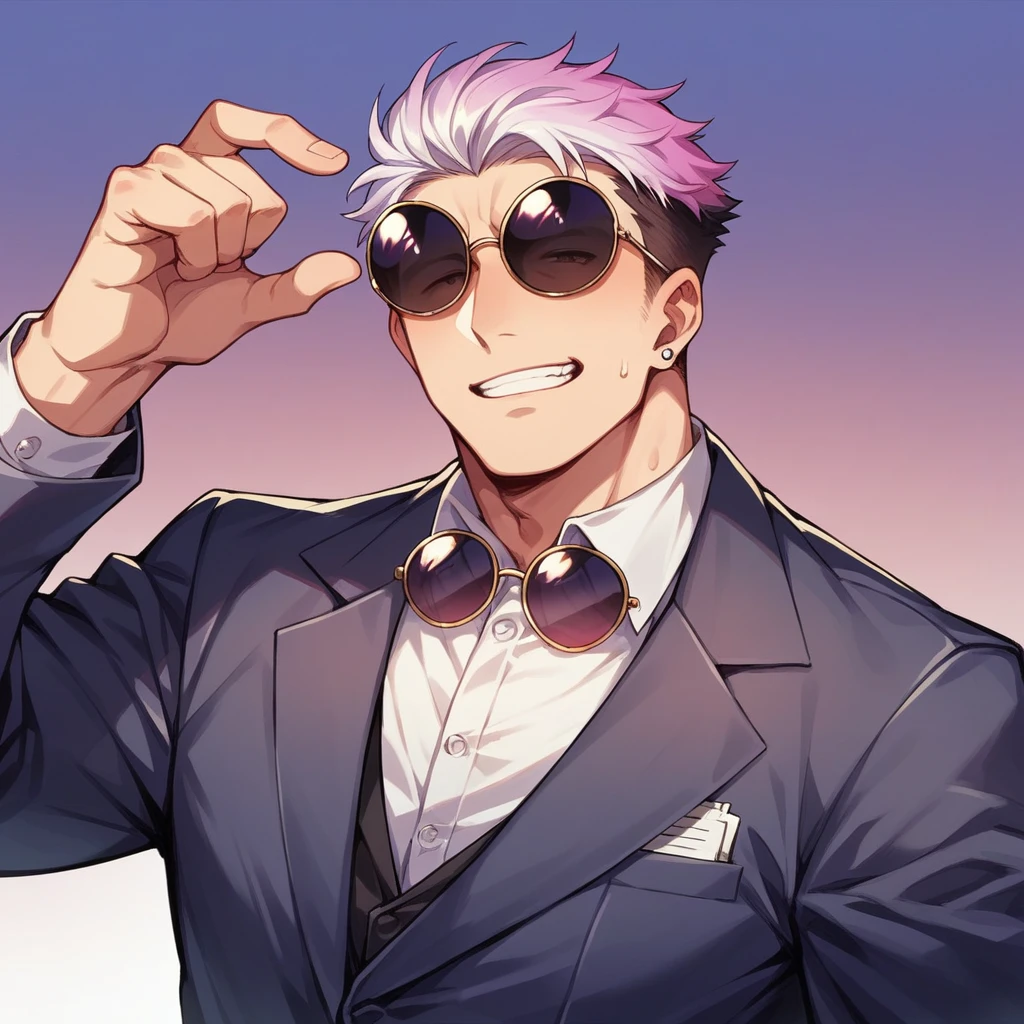 アニメ, best qualityer, white male, Scrawny, purple gradient hair,  in a suit, round sunglasses, with a pistol 