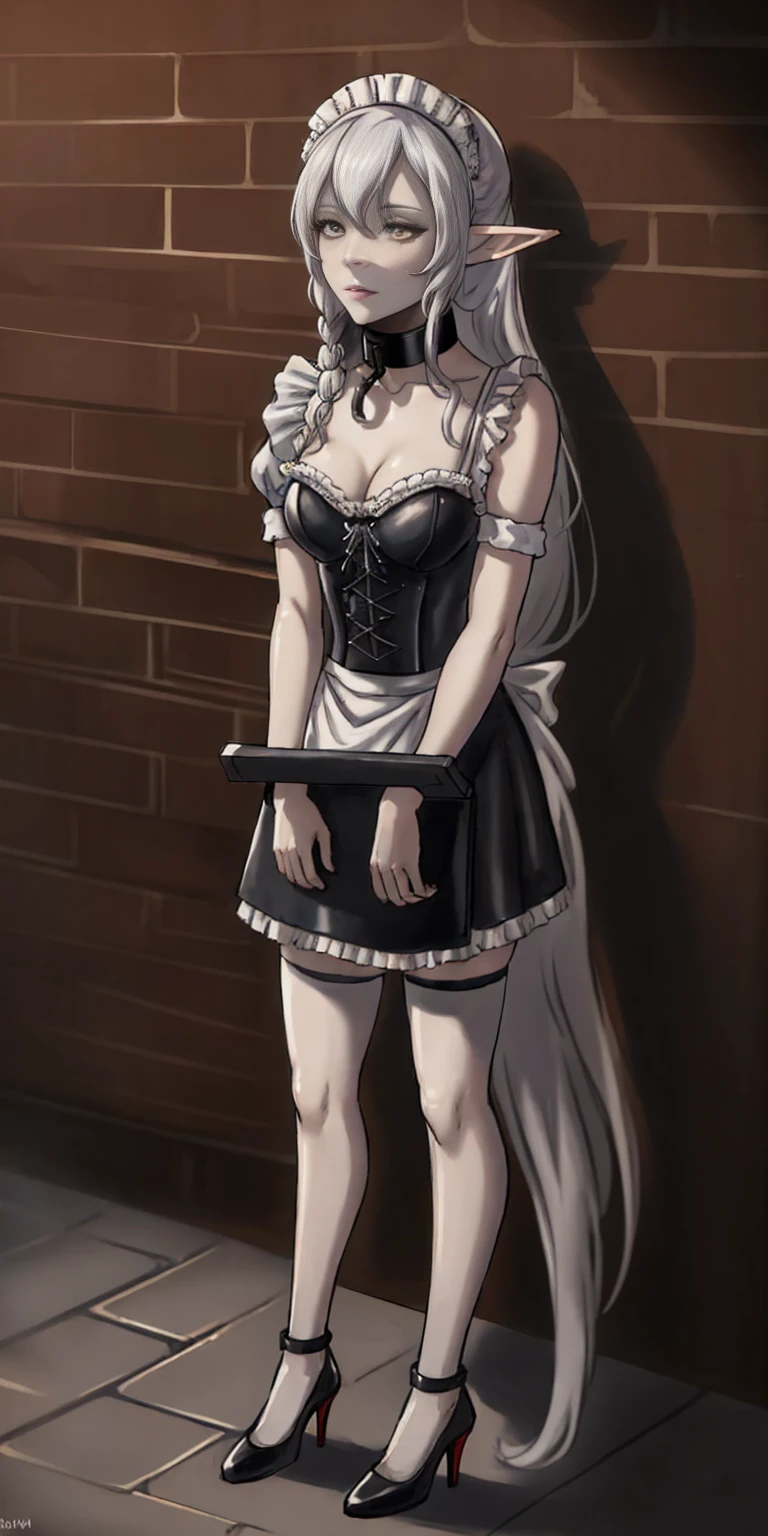 female, standing, right, long_hair, disordered_hair, white_hair, maid in armor, metallic high heels, drow elf, grey skin, sex slave, black leather choker collar, bracers