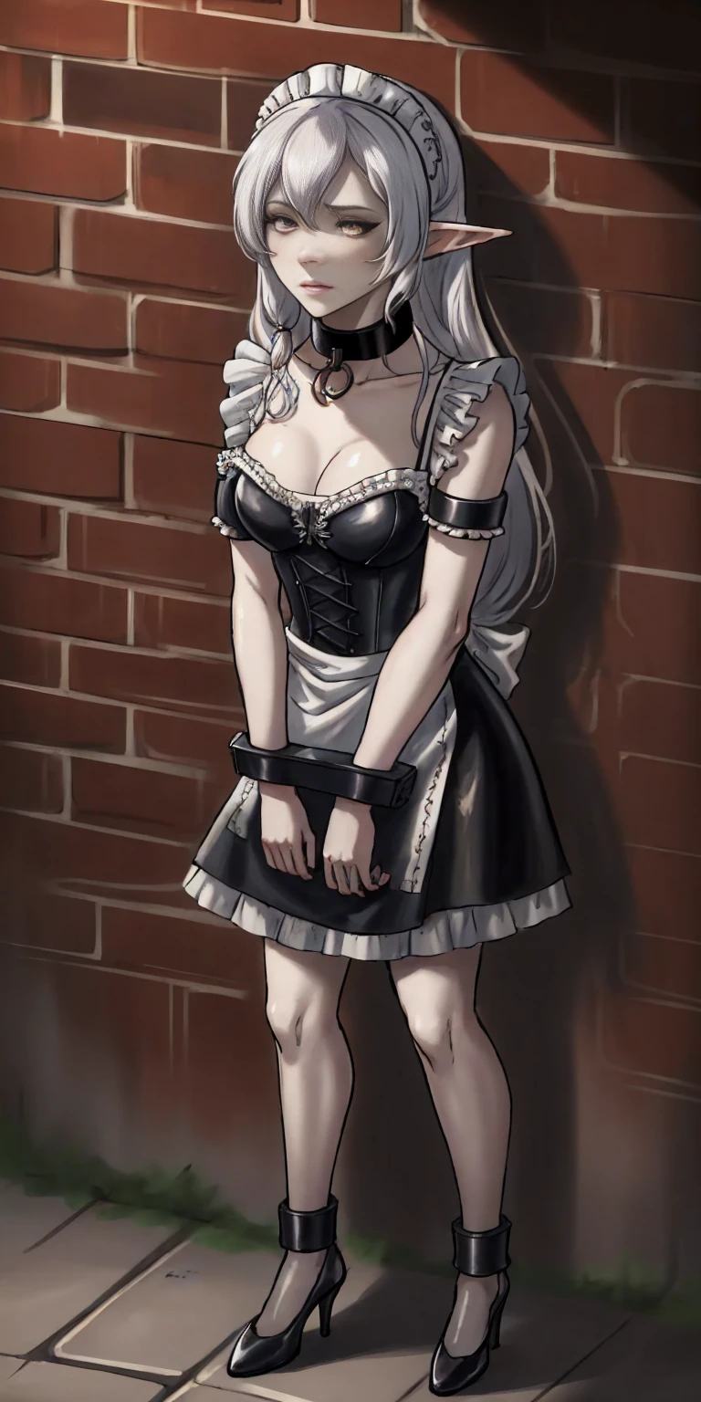 female, standing, right, long_hair, disordered_hair, white_hair, maid in armor, metallic high heels, drow elf, grey skin, sex slave, black leather choker collar, bracers