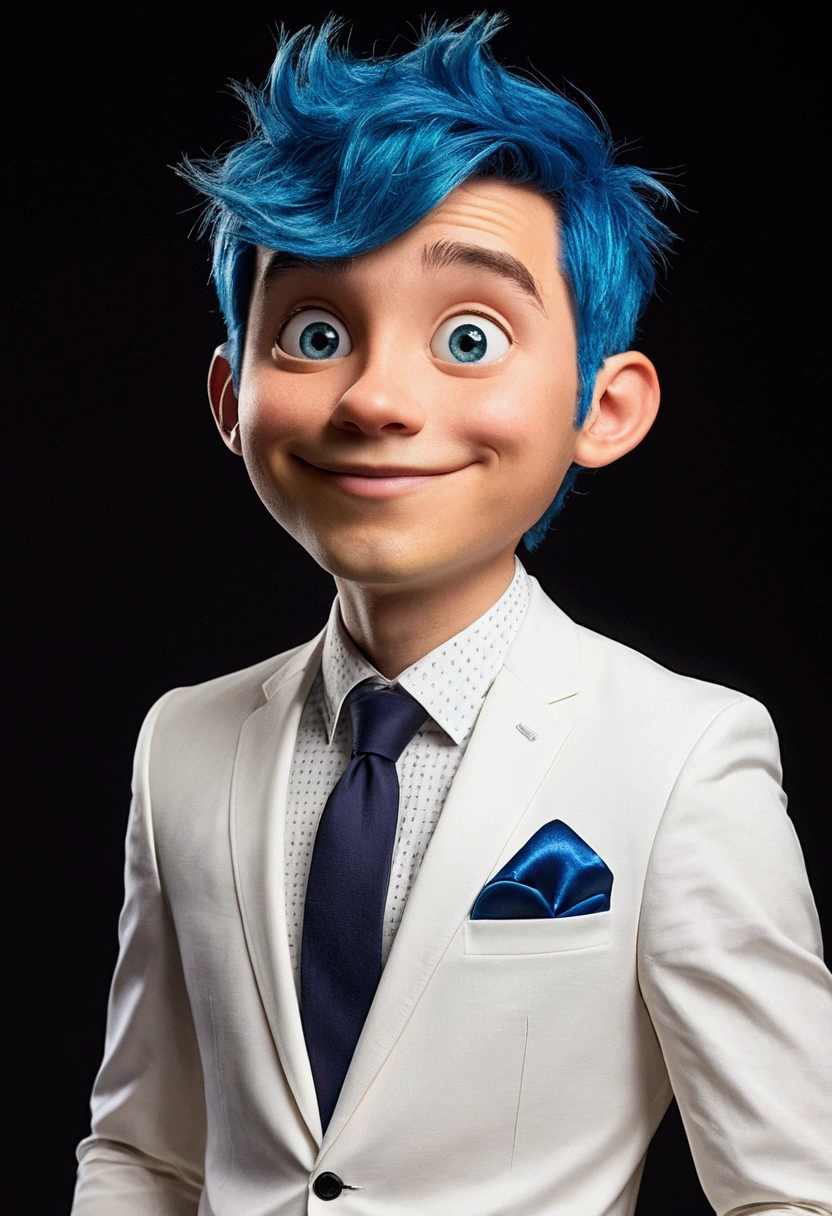 Create an animated male character inspired by Disney's 'Inside Out,' with a more whimsical and imaginative style. He should have vibrant orange skin and playful blue hair, similar to Joy's. The character should have a rounded, dynamic shape with exaggerated features like large, expressive eyes, a normal-sized nose, and a friendly, inspiring smile. He should wear casual clothing and emit a soft light, with whimsical elements like floating stars and sparkles to enhance his creative and playful nature.
