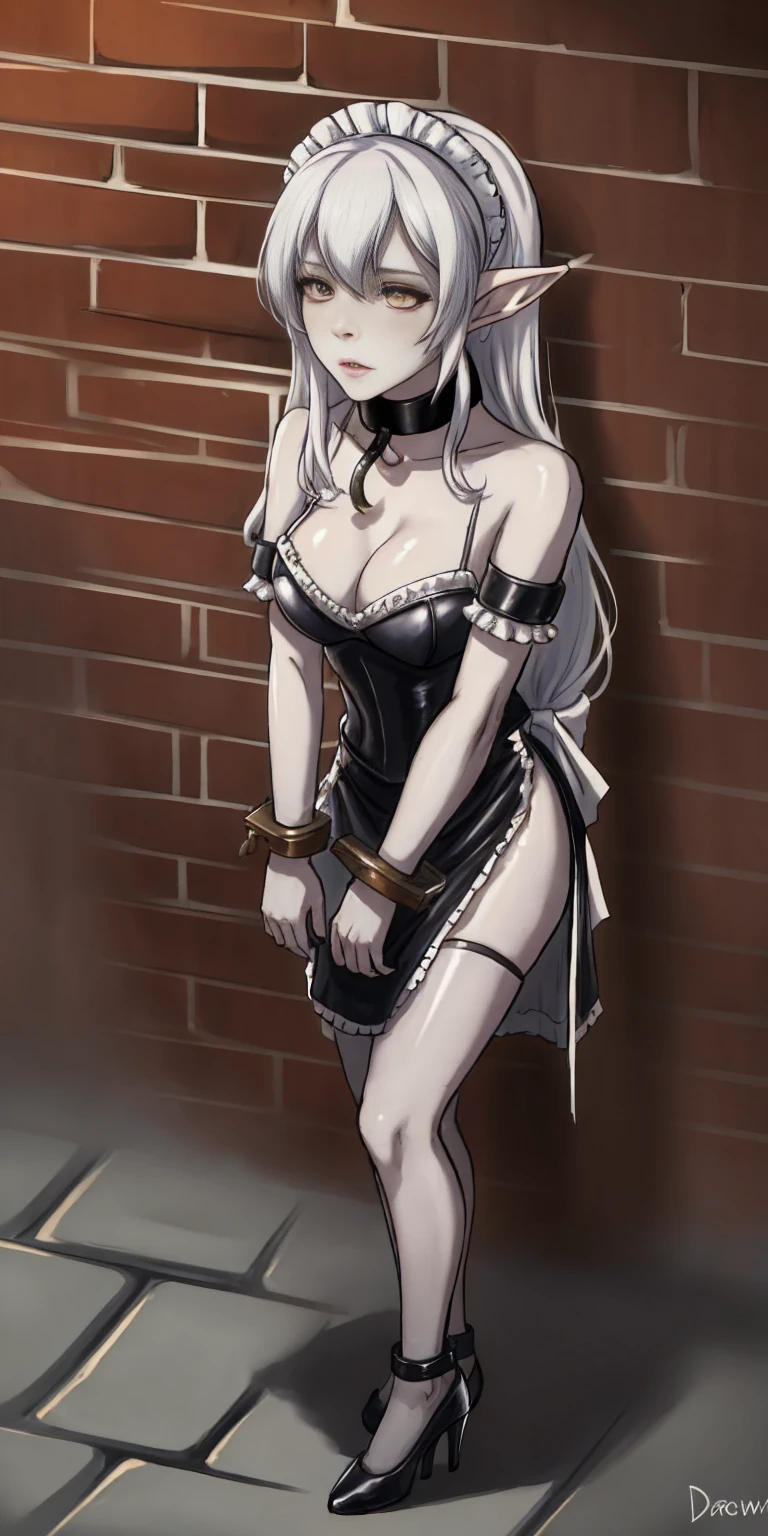 female, standing, right, long_hair, disordered_hair, white_hair, maid in armor, metallic high heels, drow elf, grey skin, sex slave, black leather choker collar, bracers