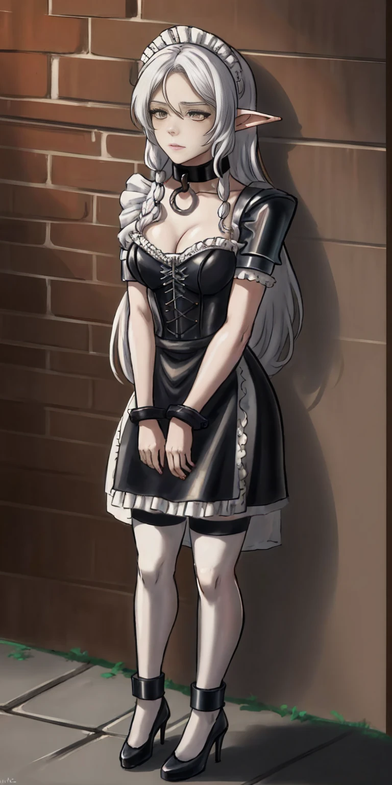 female, standing, right, long_hair, disordered_hair, white_hair, maid in armor, metallic high heels, drow elf, grey skin, sex slave, black leather choker collar, bracers