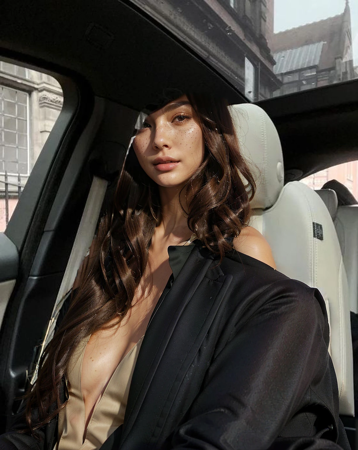 Create a highly realistic solo and beautiful solo model with the following detailed features: Gender: Female, Age: Young adult (approximately 20-25 years old), Hair: Long, wavy and reddish with a natural shine, gently cascading around the shoulders and back. . . . . . . . . . . . . , Eyes: Bright green with a captivating, slightly almond-shaped look, detailed with natural highlights, Skin: Fair complexion with a light texture, including natural freckles on the nose and cheeks, giving a youthful and vibrant appearance: Fair complexion with a light texture, including natural freckles on the nose and cheeks, giving a youthful and lively appearance, Face: with a smooth and natural contour, soft, full lips with a slight pinkish tint and a slightly delicate upturned nose, Expression : a gentle face, with a touch of mischief, which conveys warmth and approachability, solo, Clothing: in a black suit and black sunglasses sitting in her car, wearing a black suit, a black suit, a beige trench coat, a black outfit, a black suit, glasses, a black sober suit, and a beige trench coat, a black silky outfit, fashionable black clothes, a beige trench coat, a Girl in a suit, wears black clothes, Girl in a solo suit, Smooth black tight-fitting suit, wears an elegant outfit, a beige trench coat, chic haute couture, All black, Background: the model is her car, sitting in car, car, car
Pose: solo relaxed and confident posture, sitting in her car, front view, selfie, front selfie, white, white leather of the front selfie car, aesthetic, Unsplash, Neoclassicism, Complex background, Best quality, hyper detailed, Gratty Sita, 64K, Light design, solo