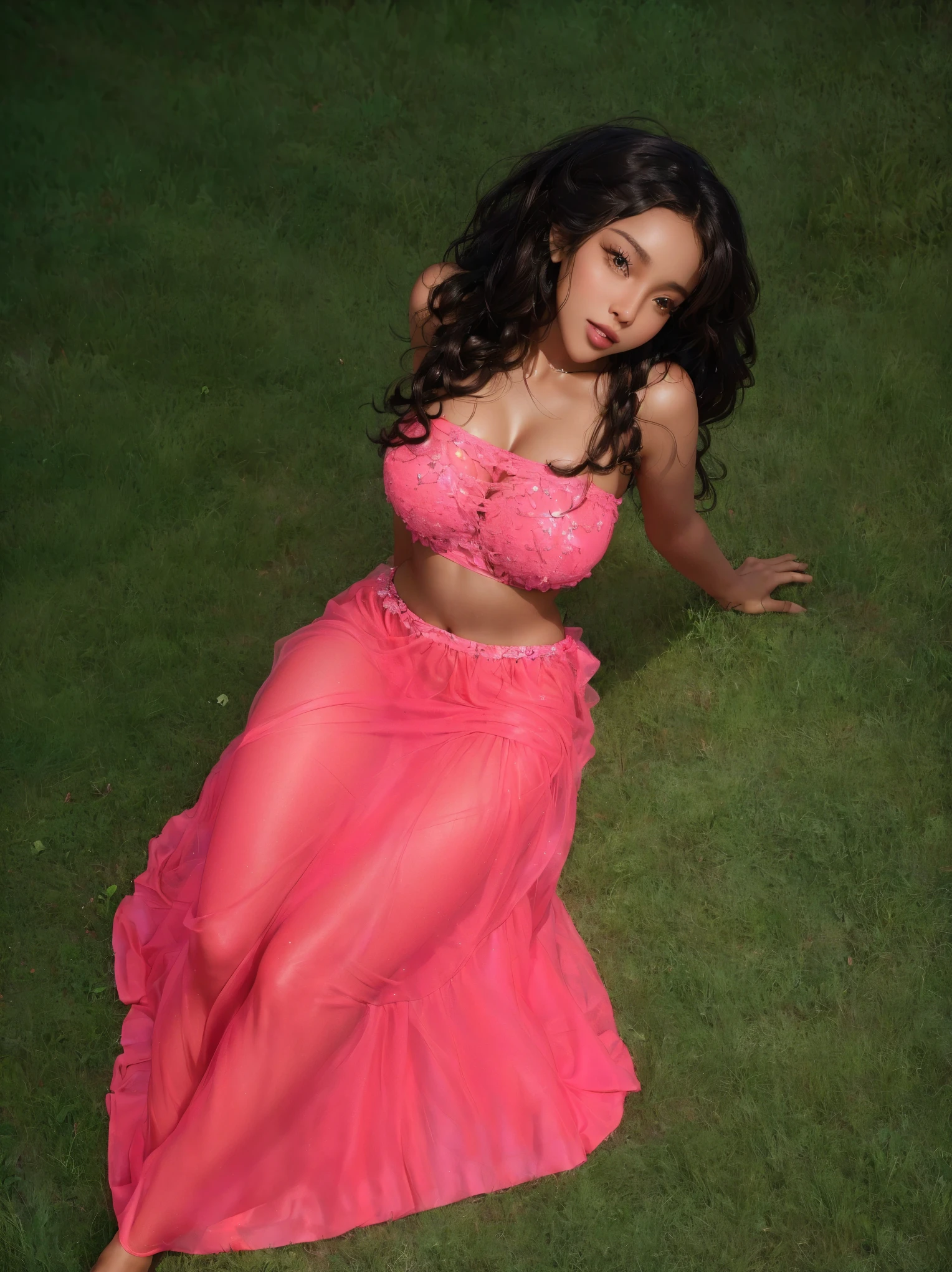there is a hyper realistic brown skin woman in a pink dress laying on the grass, brown skin, melanin skin, laying down, thick curly anime hair, curly hyper realistic hair, photo from a promo shoot, promo shoot, promo still, gorgeous lady, photoshoot, seductive lady, sza, promo shot, photo shoot, taken in the early 2020s, playful pose, her belly button is exposed, vanessa morgan, dressed in a pink dress, solo photoshoot