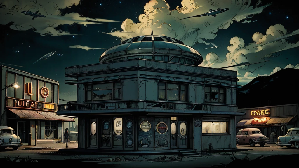 a ufo landing in 1950s housewife meeting alien grays, popping colors, contrast, detailed realistic cinematic scene, cinematic lighting, dramatic sky with clouds, abandoned vintage car, old-fashioned buildings, neon signs, 1950s era atmosphere, vibrant colors, hyper-realistic, 8k, ultra-detailed