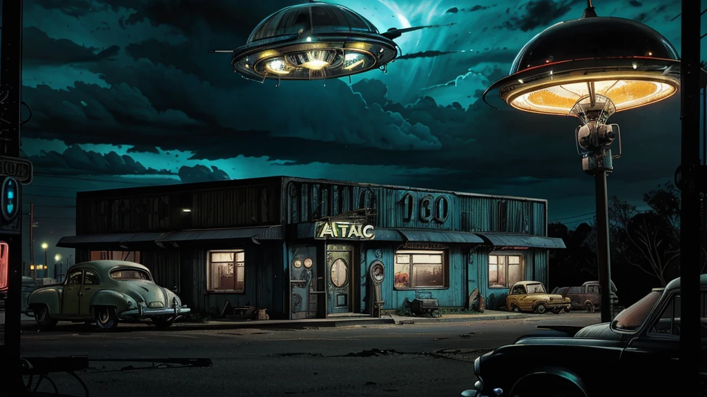 a ufo landing in 1950s housewife meeting alien grays, popping colors, contrast, detailed realistic cinematic scene, cinematic lighting, dramatic sky with clouds, abandoned vintage car, old-fashioned buildings, neon signs, 1950s era atmosphere, vibrant colors, hyper-realistic, 8k, ultra-detailed