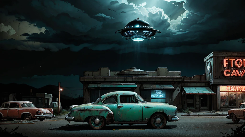 a ufo landing in 1950s housewife meeting alien grays, popping colors, contrast, detailed realistic cinematic scene, cinematic lighting, dramatic sky with clouds, abandoned vintage car, old-fashioned buildings, neon signs, 1950s era atmosphere, vibrant colors, hyper-realistic, 8k, ultra-detailed