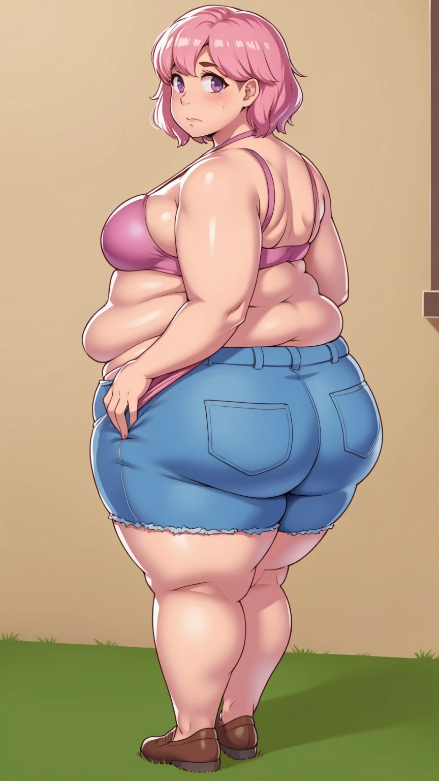 (Morbidly obese:1.0)Back turned, looking back at viewer,cute butt, sad, farm backround, Full body, looking at viewer, 1girl, solo, short pink hair, (purple eyes), pink bikini