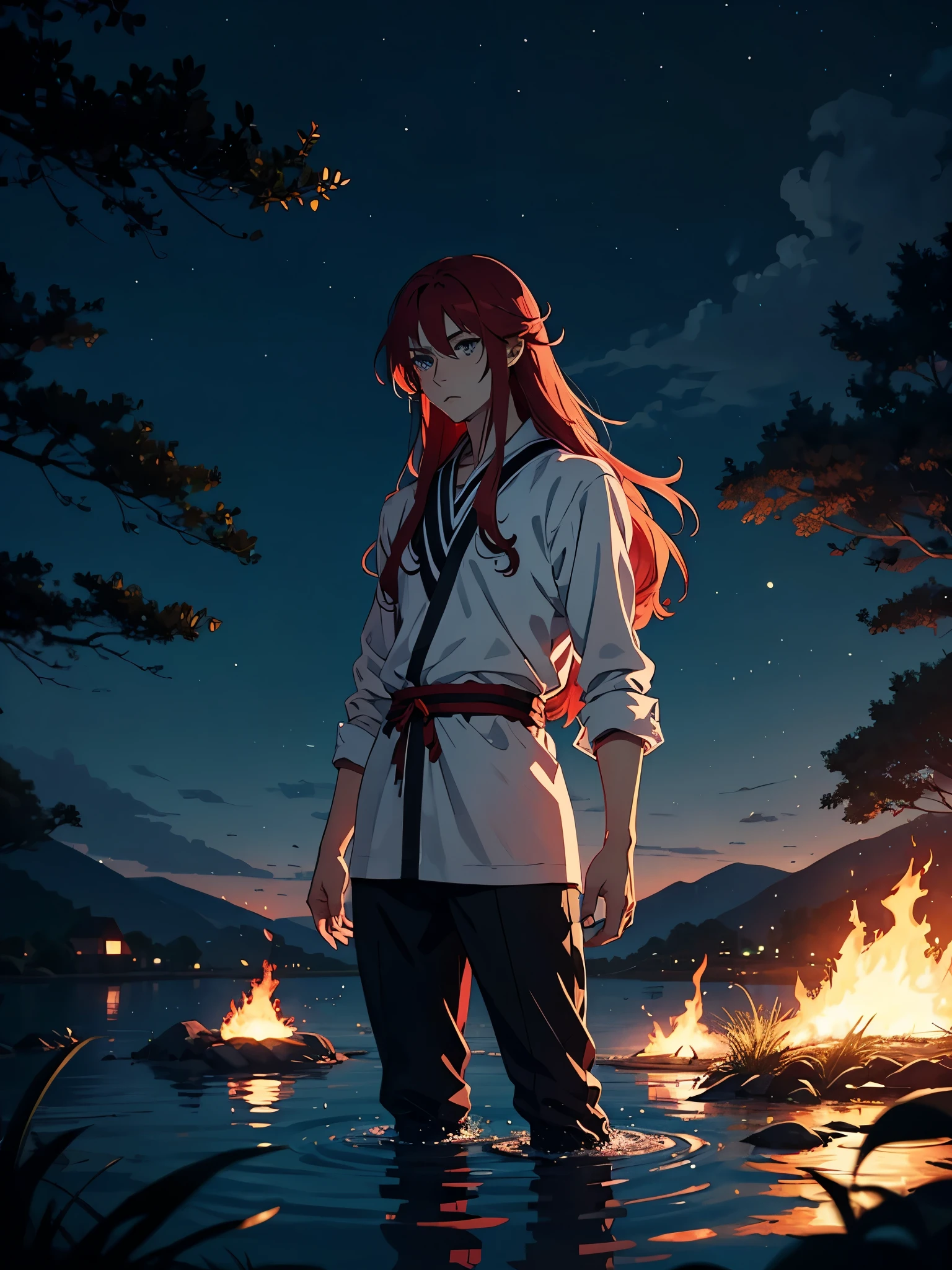 soft. More anime. Standing in a lake. More anime. More 2D. Clean. More anime. 2d. Glow. Red hair. More anime. male. Long hair. long red hair. boy, vikings. red hair. Blue eyes. fire. 