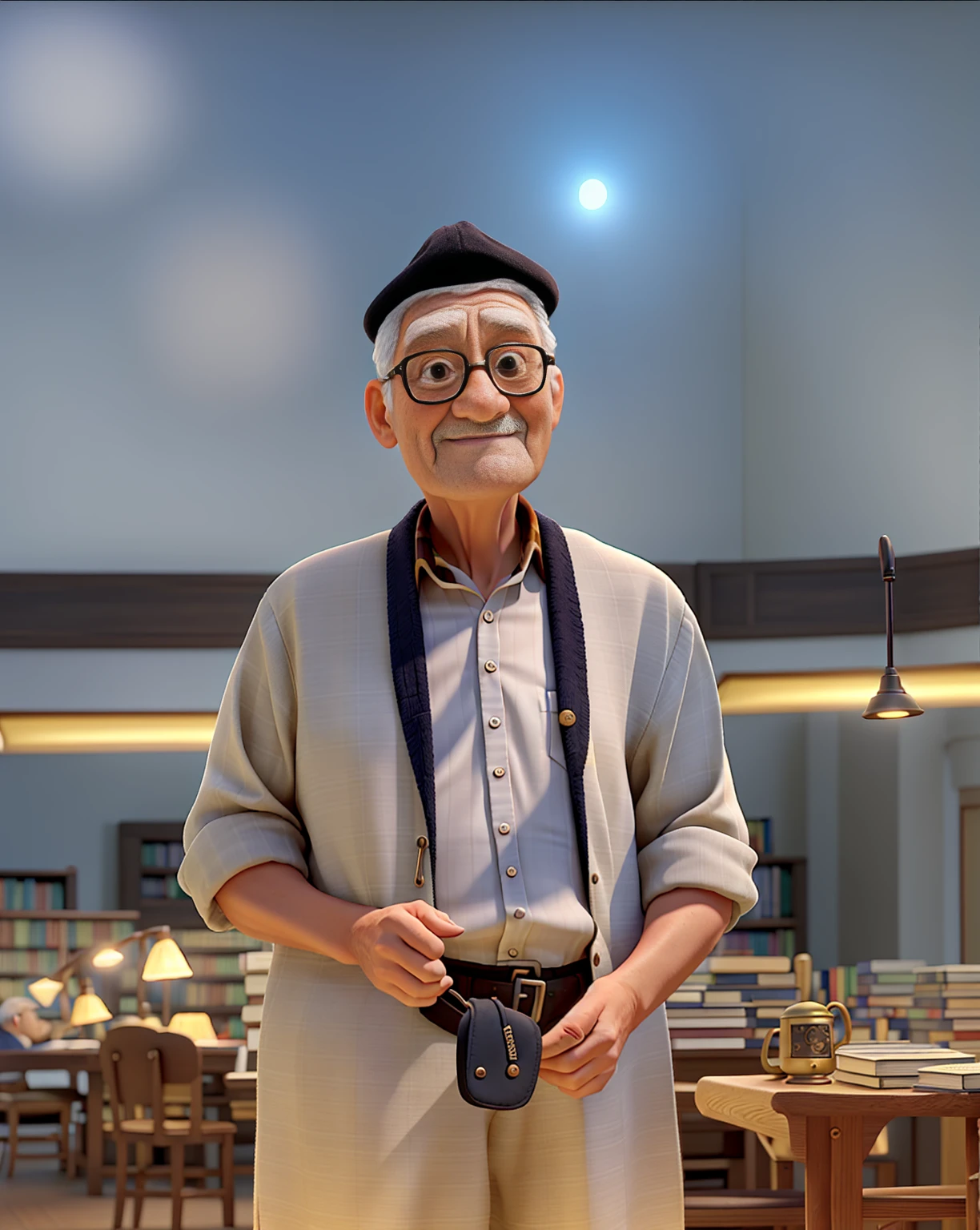A wise old man standing in front, illuminated by the light of a lamp, against the backdrop of a library