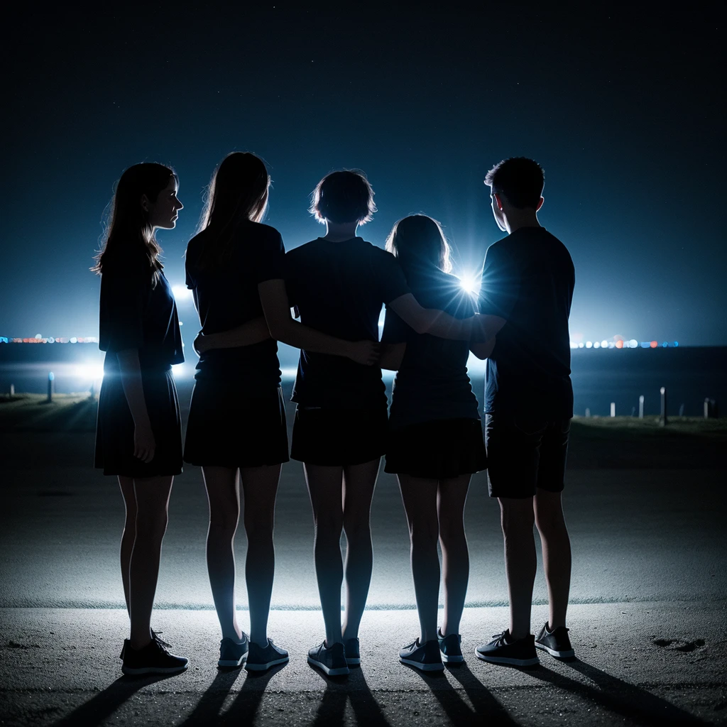 dark black cinematic wide shot, young adults 2 girls 3 boys standing and looking at a bright blue light in front of them at night outside, shadows, 4k, VFX