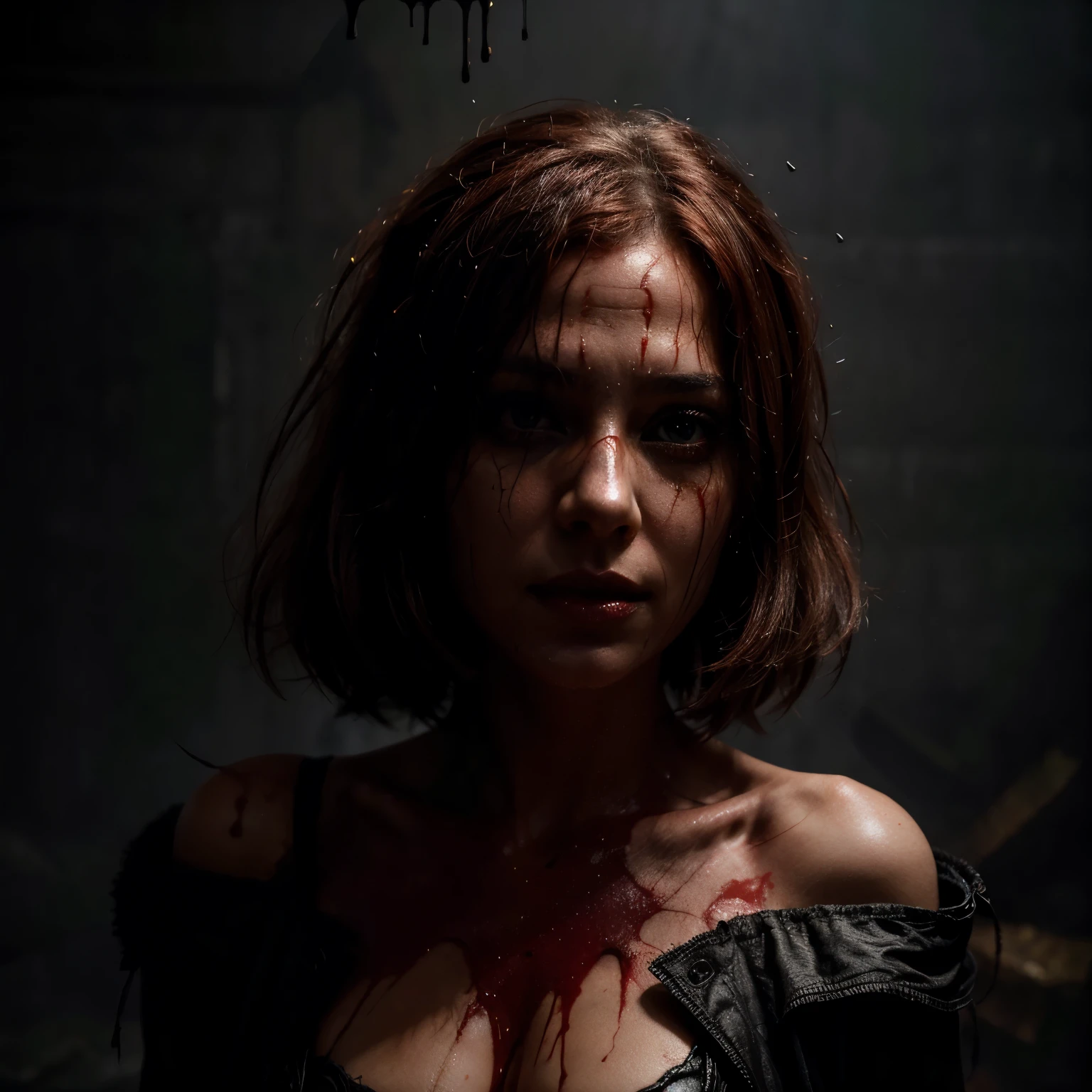 "Create an image of a very beautiful, thin woman from the neck up. She has striking red hair and an expression that reflects severe mental instability. Her eyes are wide and wild, and her smile is unsettling, conveying a sense of madness. The background is dark and chaotic, adding to the overall sense of mental turmoil and instability. The atmosphere is both alluring and eerie, highlighting the woman's intense and unstable nature. Additionally, incorporate an overflowing aura of dark magic around her, visible as swirling shadows and tendrils. Enhance the scene with a rain of gold coins falling around her, adding a surreal and opulent contrast to the dark and sinister atmosphere."