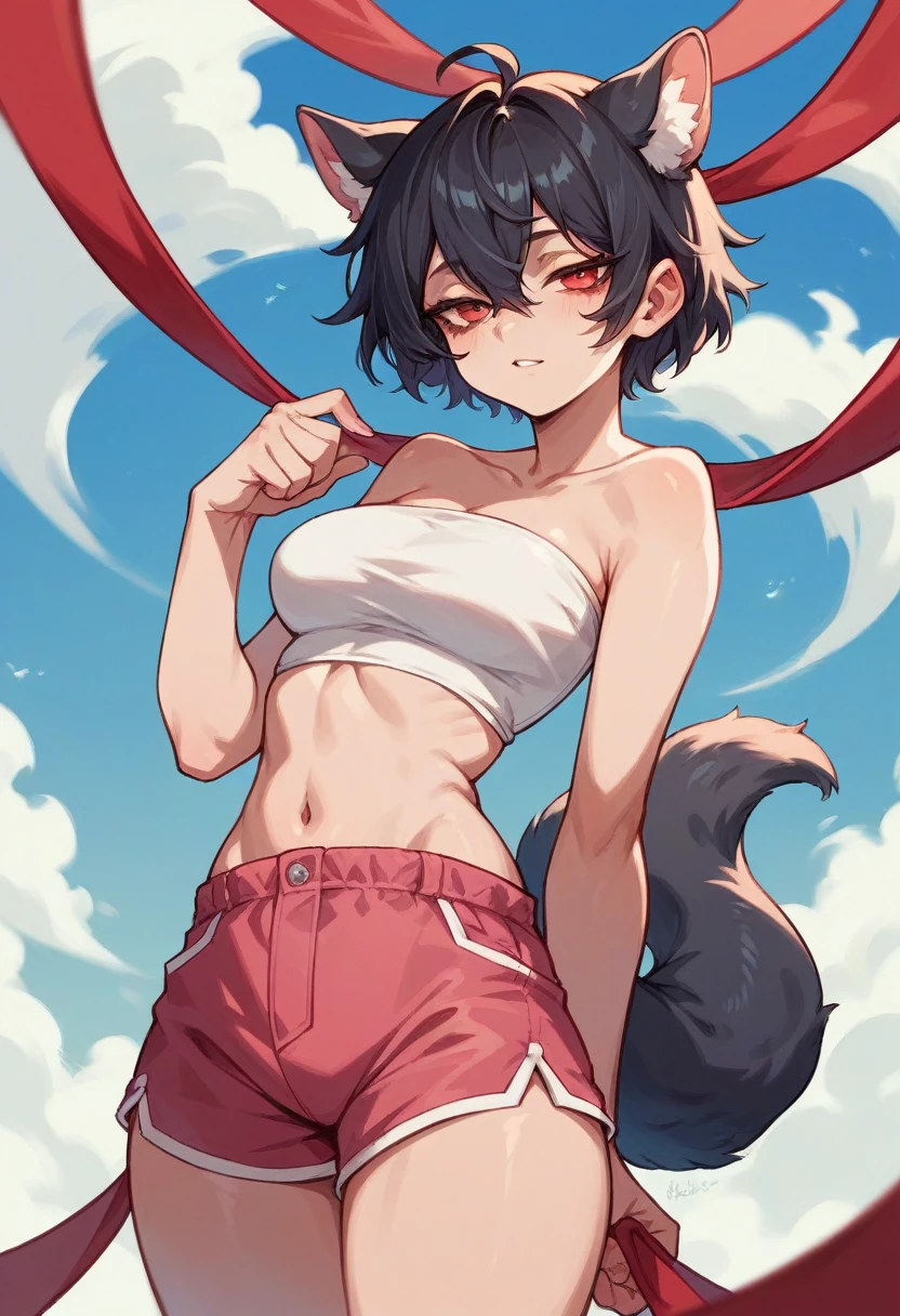 white tube top, pink short pants, black hair in double tail, Red loop, narrowed eyes, red students, resort area, plein-air, blue sky She has a highlighted athlete&#39;s ass