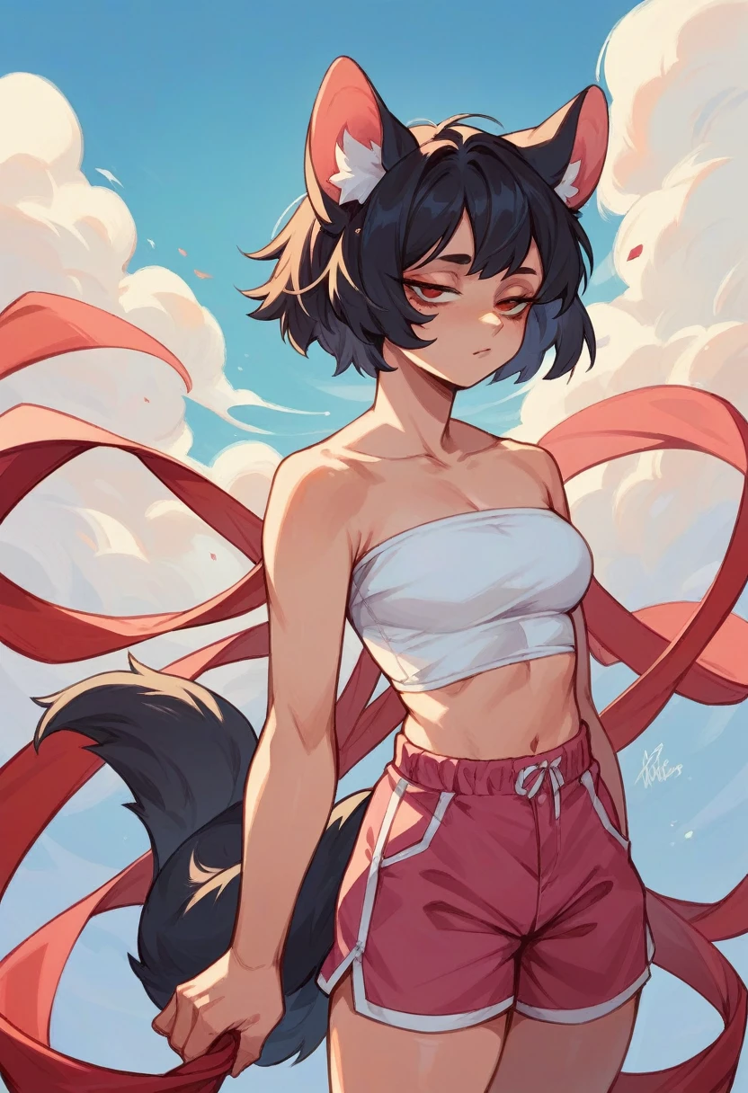 white tube top, pink short pants, black hair in double tail, Red loop, narrowed eyes, red students, resort area, plein-air, blue sky She has a highlighted athlete's ass